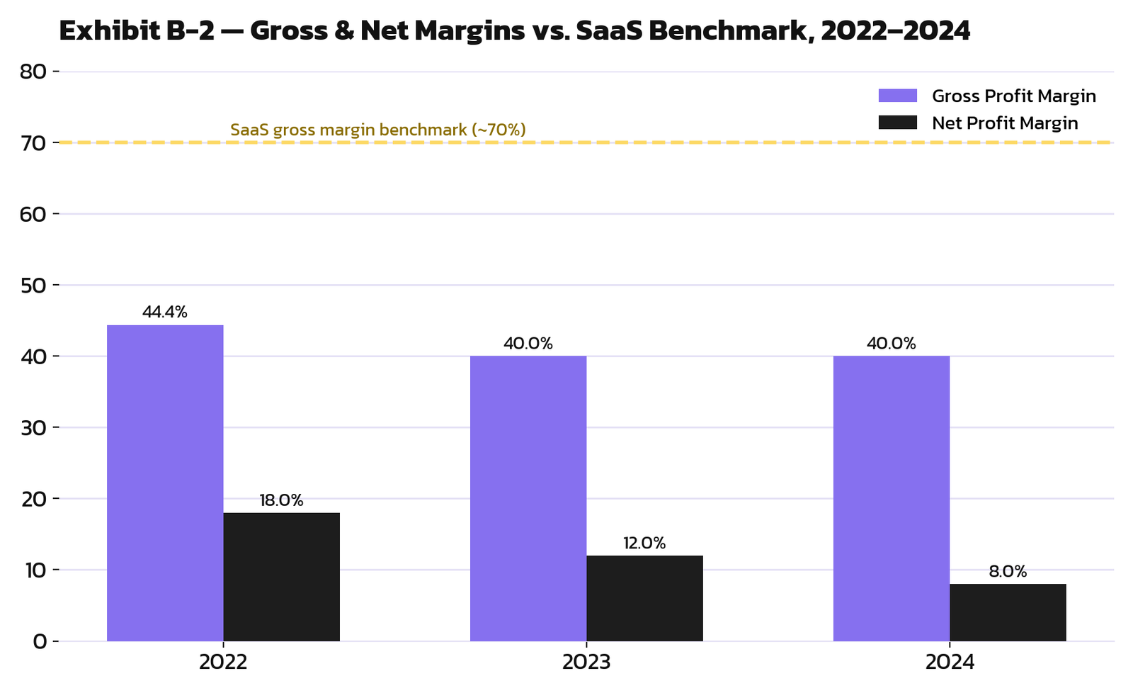 Gross and net margin chart vs SaaS benchmark, 2022-2024